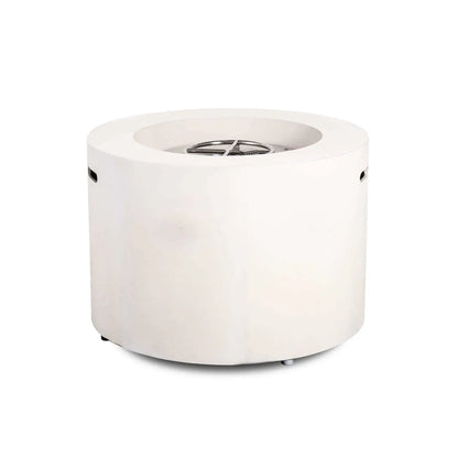 Rear product view of the Flame Havens Refuge Series 36-inch Round Propane Gas GFRC Concrete Fire Pit in Ivory White with the stainless steel burner assembly exposed. This angle highlights the smooth cylindrical GFRC concrete body, concealed service side, integrated lifting handles, and premium construction designed for modern outdoor patio installations.