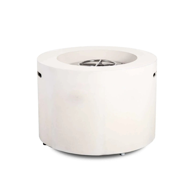 Rear product view of the Flame Havens Refuge Series 36-inch Round Propane Gas GFRC Concrete Fire Pit in Ivory White with the stainless steel burner assembly exposed. This angle highlights the smooth cylindrical GFRC concrete body, concealed service side, integrated lifting handles, and premium construction designed for modern outdoor patio installations.