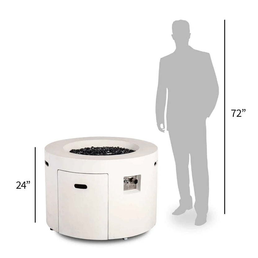 Size comparison image of the Flame Havens Refuge Series 36-inch Round Propane Gas GFRC Concrete Fire Pit in Ivory White beside a 72-inch tall human silhouette. The graphic highlights the fire pit's 24-inch height and proportional footprint, helping homeowners and designers visualize its scale within outdoor entertainment and patio spaces.