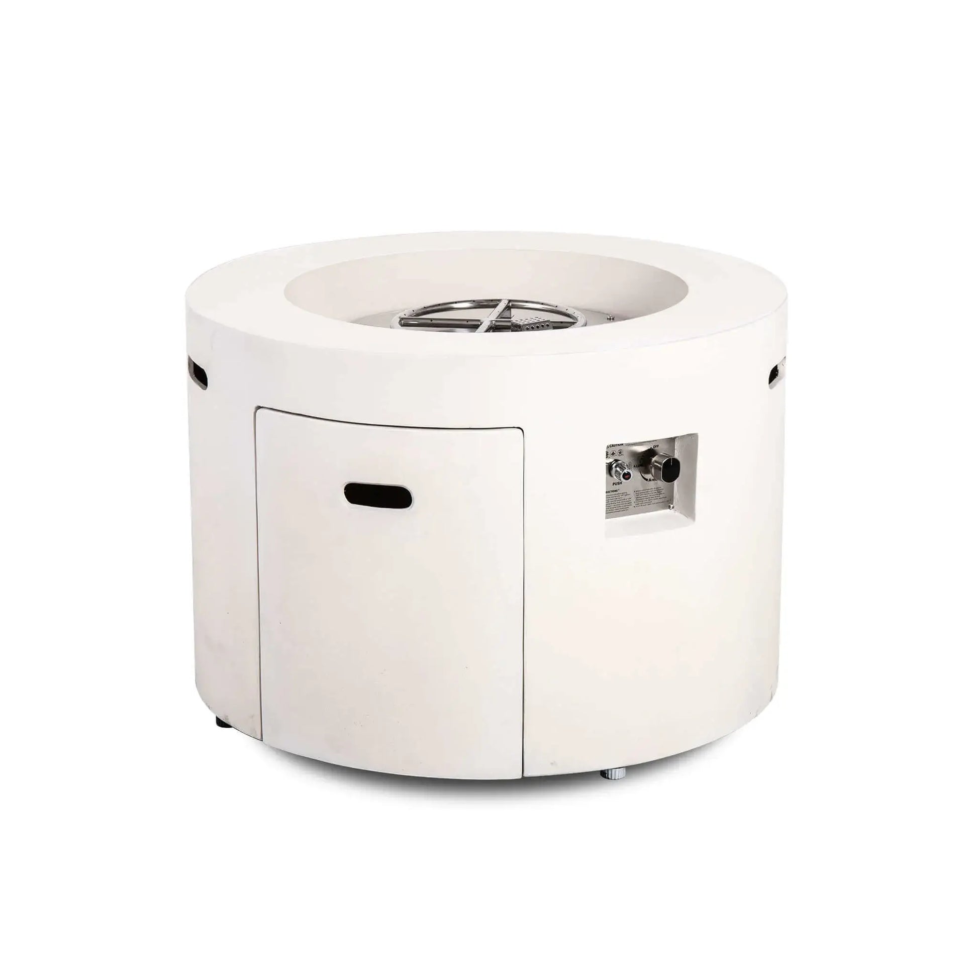 Front angled product image of the Flame Havens Refuge Series 36-inch Round Propane Gas GFRC Concrete Fire Pit in Ivory White, featuring the exposed stainless steel burner assembly before fire media installation. The image showcases the integrated hidden propane tank access door, recessed CSA-certified ignition controls, premium GFRC concrete construction, and clean modern design for luxury outdoor living spaces.