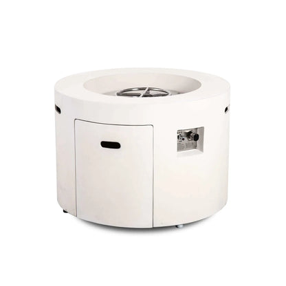 Front angled product image of the Flame Havens Refuge Series 36-inch Round Propane Gas GFRC Concrete Fire Pit in Ivory White, featuring the exposed stainless steel burner assembly before fire media installation. The image showcases the integrated hidden propane tank access door, recessed CSA-certified ignition controls, premium GFRC concrete construction, and clean modern design for luxury outdoor living spaces.