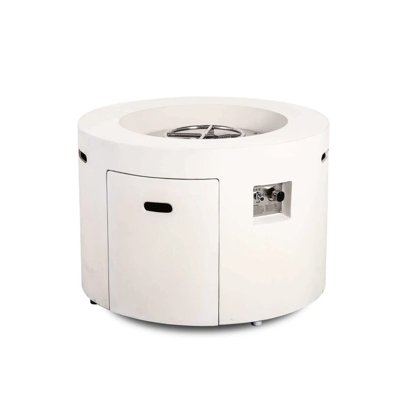 Front angled product image of the Flame Havens Refuge Series 36-inch Round Propane Gas GFRC Concrete Fire Pit in Ivory White, featuring the exposed stainless steel burner assembly before fire media installation. The image showcases the integrated hidden propane tank access door, recessed CSA-certified ignition controls, premium GFRC concrete construction, and clean modern design for luxury outdoor living spaces.