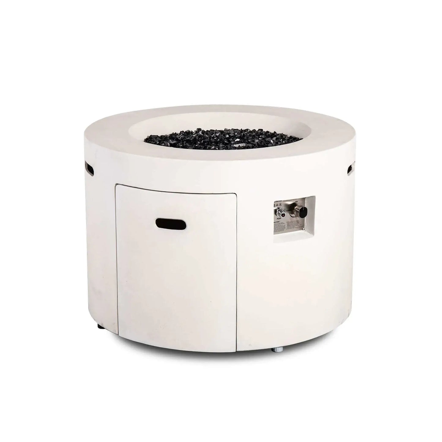 Front product image of the Flame Havens Refuge Series 36-inch Round Propane Gas GFRC Concrete Fire Pit in Ivory White filled with premium Black Reflective Fire Glass. The burner is off, showcasing the hidden propane access door, recessed CSA ignition controls, and elegant round GFRC concrete design ideal for luxury outdoor living environments.