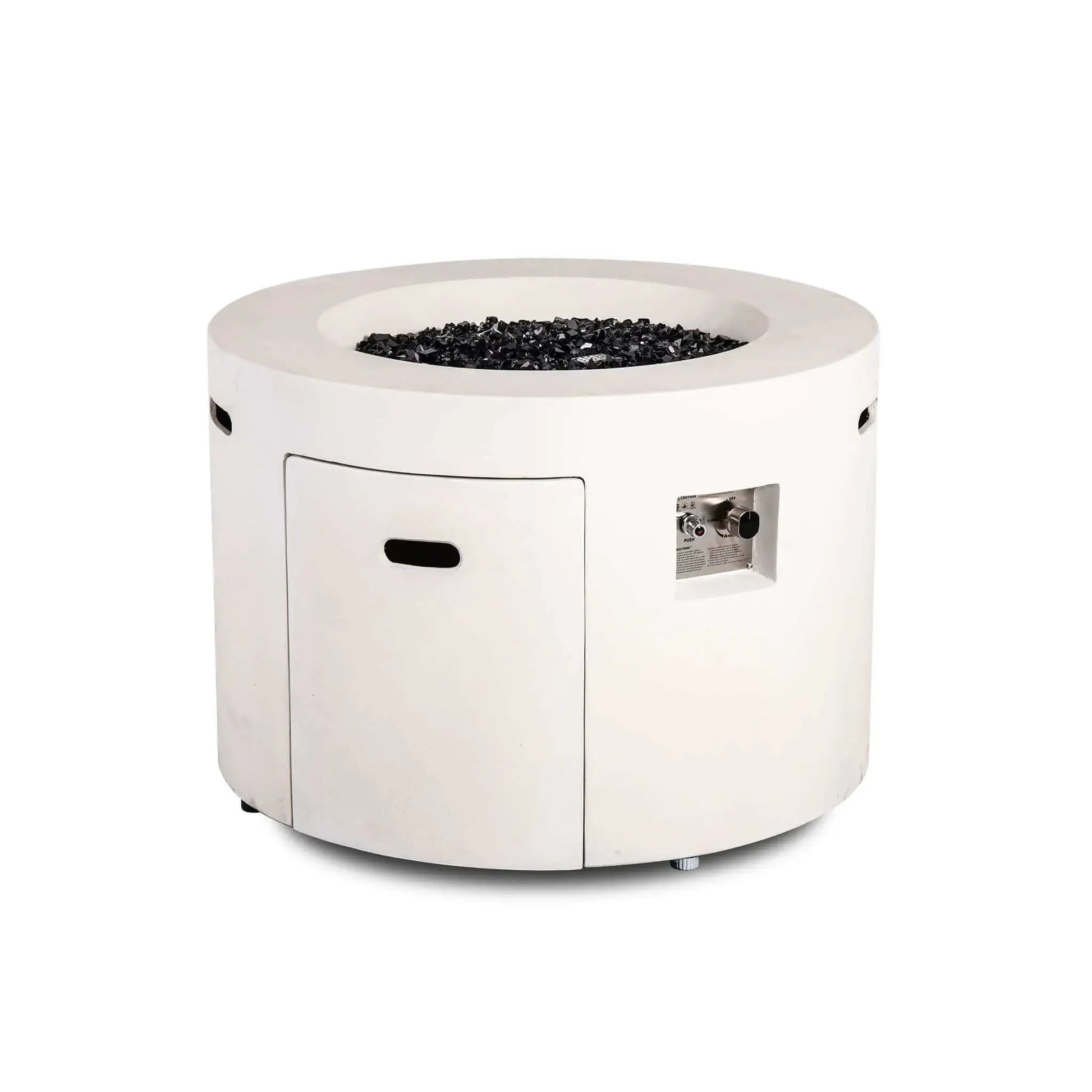 Front product image of the Flame Havens Refuge Series 36-inch Round Propane Gas GFRC Concrete Fire Pit in Ivory White filled with premium Black Reflective Fire Glass. The burner is off, showcasing the hidden propane access door, recessed CSA ignition controls, and elegant round GFRC concrete design ideal for luxury outdoor living environments.