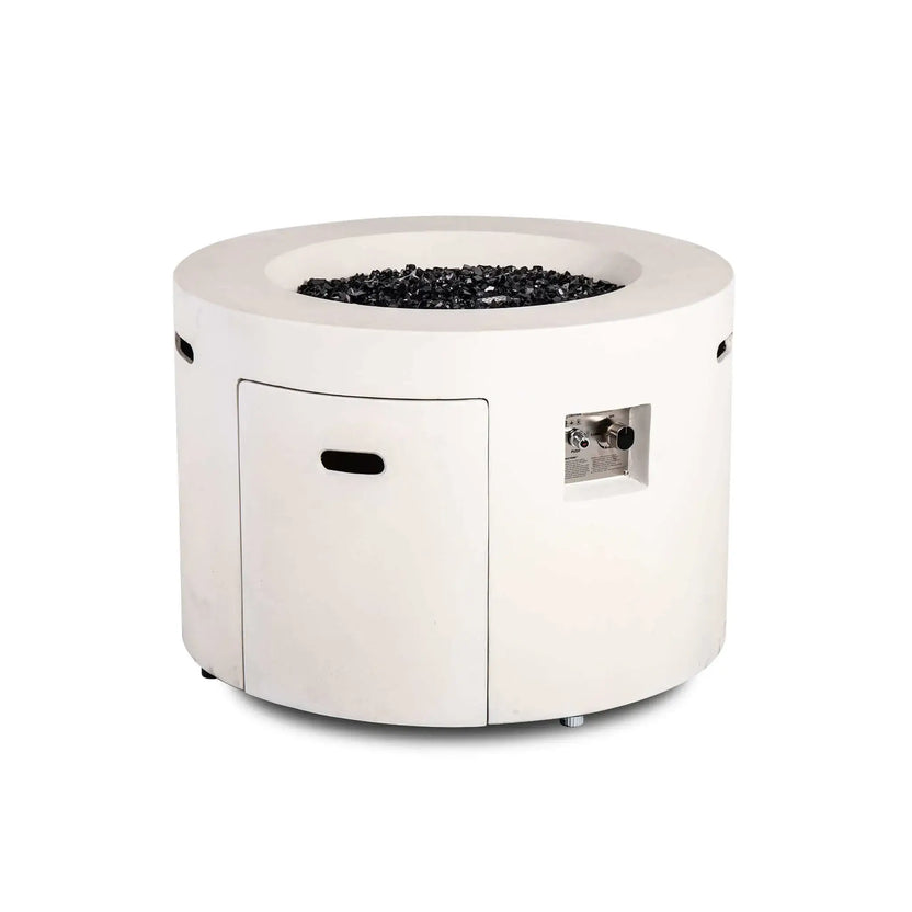 Front product image of the Flame Havens Refuge Series 36-inch Round Propane Gas GFRC Concrete Fire Pit in Ivory White filled with premium Black Reflective Fire Glass. The burner is off, showcasing the hidden propane access door, recessed CSA ignition controls, and elegant round GFRC concrete design ideal for luxury outdoor living environments.