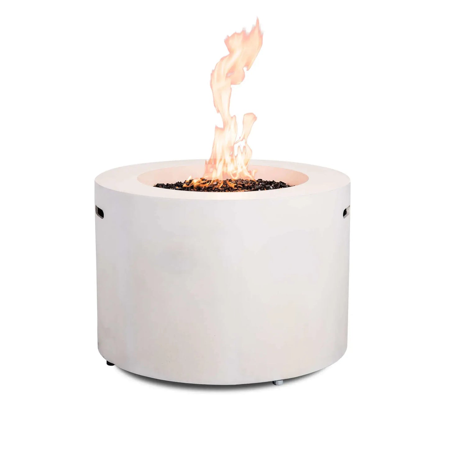 Rear view of the Flame Havens Refuge Series 36-inch Round Propane Gas GFRC Concrete Fire Pit in Ivory White with tall flames rising above premium Black Reflective Fire Glass. The clean, control-free angle emphasizes the smooth GFRC concrete finish, modern cylindrical design, and dramatic fire presentation for upscale outdoor gathering spaces.