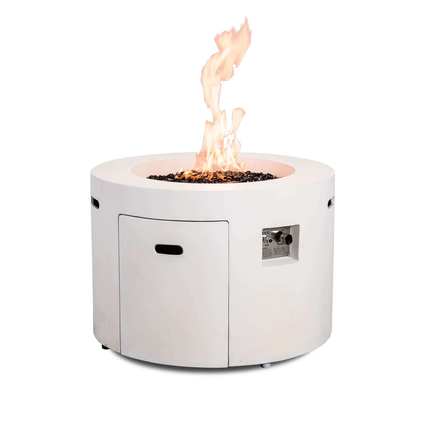 Front product image of the Flame Havens Refuge Series 36-inch Round Propane Gas GFRC Concrete Fire Pit in Ivory White with vibrant flames burning above premium Black Reflective Fire Glass. The hidden propane access door and recessed CSA-certified ignition controls remain visible, highlighting the fire pit's clean design and convenient user operation.