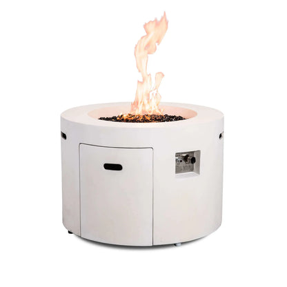 Front product image of the Flame Havens Refuge Series 36-inch Round Propane Gas GFRC Concrete Fire Pit in Ivory White with vibrant flames burning above premium Black Reflective Fire Glass. The hidden propane access door and recessed CSA-certified ignition controls remain visible, highlighting the fire pit's clean design and convenient user operation.