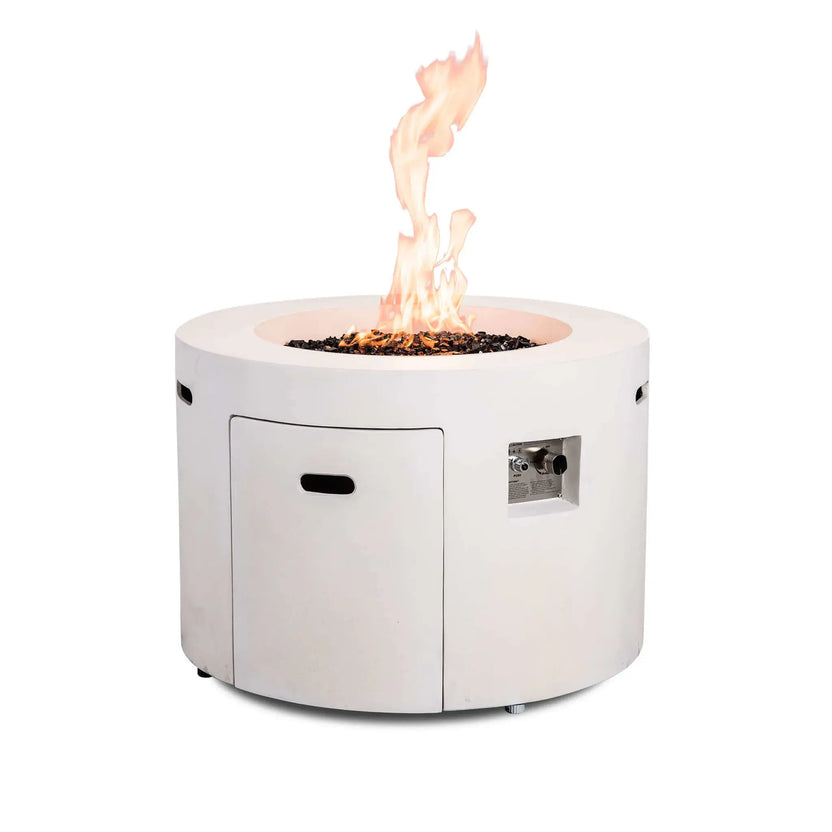 Front product image of the Flame Havens Refuge Series 36-inch Round Propane Gas GFRC Concrete Fire Pit in Ivory White with vibrant flames burning above premium Black Reflective Fire Glass. The hidden propane access door and recessed CSA-certified ignition controls remain visible, highlighting the fire pit's clean design and convenient user operation.