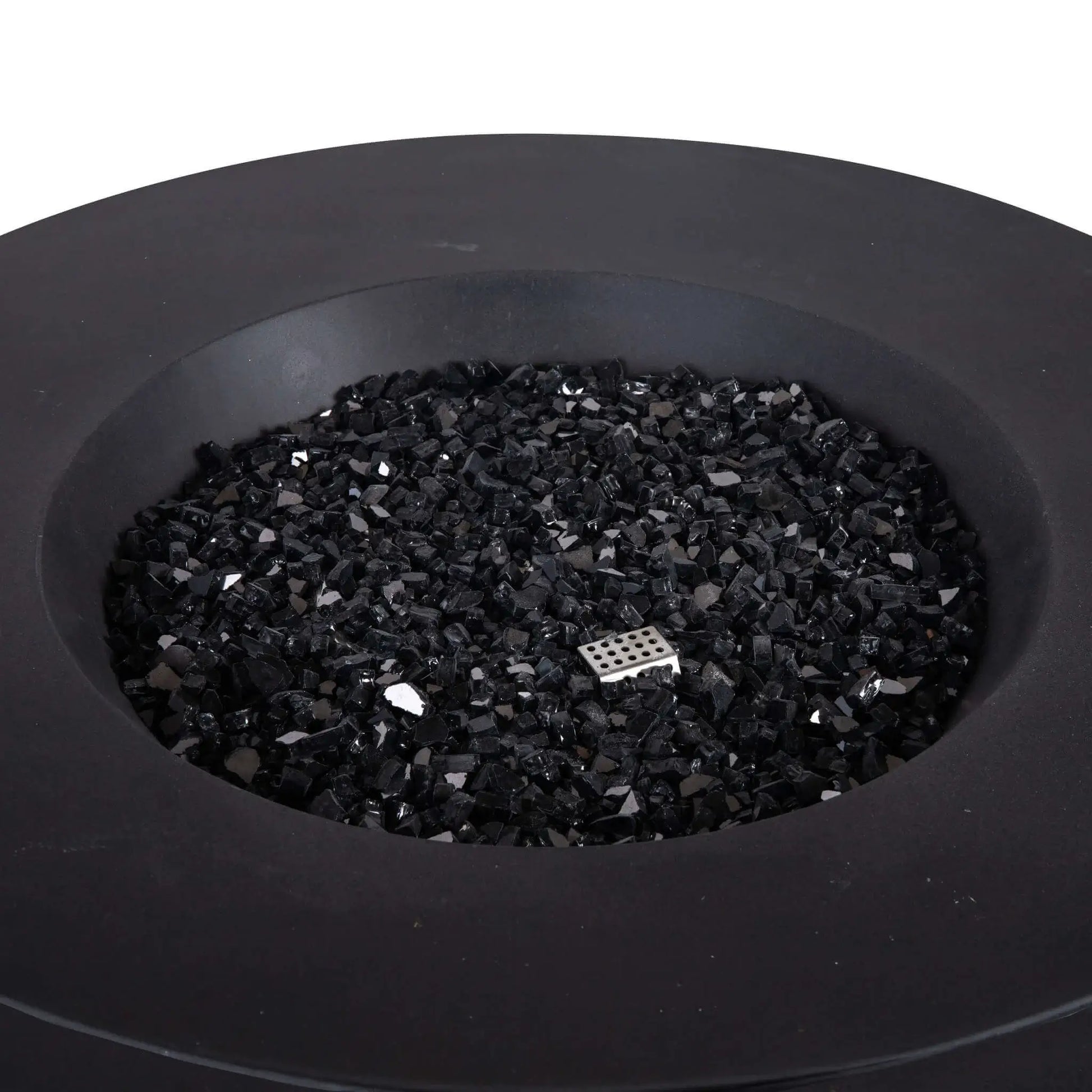 Top-down view of the Flame Havens Refuge Series 43-inch Round Natural Gas GFRC Concrete Fire Pit in Black, showcasing the premium black concrete finish filled with reflective black fire glass. A stainless steel CSA-certified ignition component is subtly visible among the fire glass, highlighting the clean burner design and modern aesthetic for luxury outdoor living spaces.