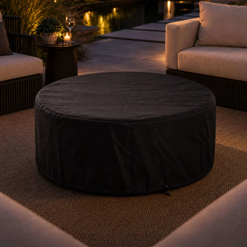 The Flame Havens Refuge Series 43-inch Round Natural Gas Black GFRC Concrete Fire Pit covered with its black canvas fabric cover in an elegant outdoor patio setting. Surrounded by modern seating near a reflecting pool, the fitted cover demonstrates year-round protection while maintaining a clean, upscale appearance in luxury outdoor living environments.