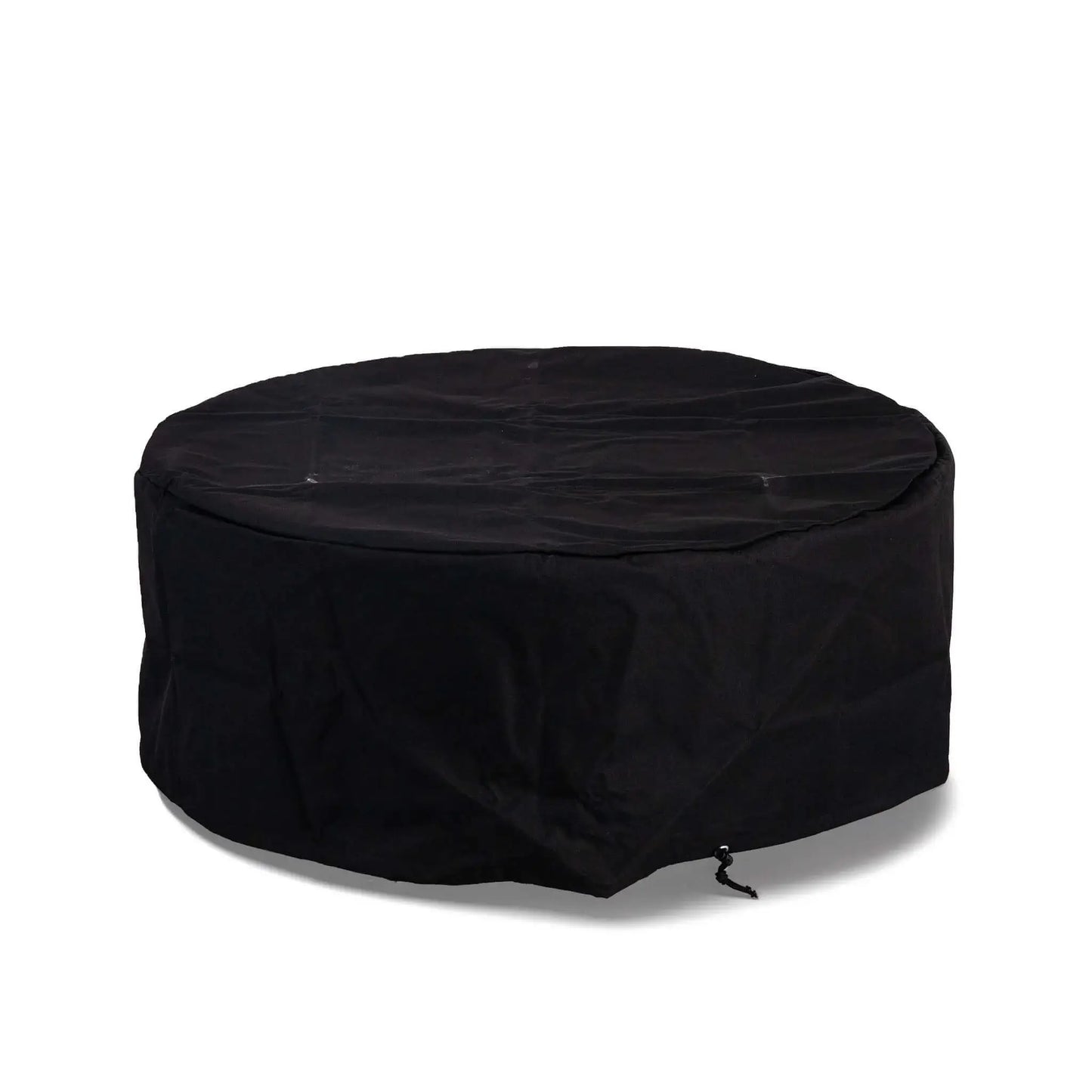 The Flame Havens Refuge Series 43-inch Round Natural Gas GFRC Concrete Fire Pit protected by its custom-fit black canvas fabric cover. Displayed on a white background, the weather-resistant cover fully encloses the fire pit with an integrated drawstring for a secure fit, helping protect the concrete finish and burner from outdoor elements when not in use.
