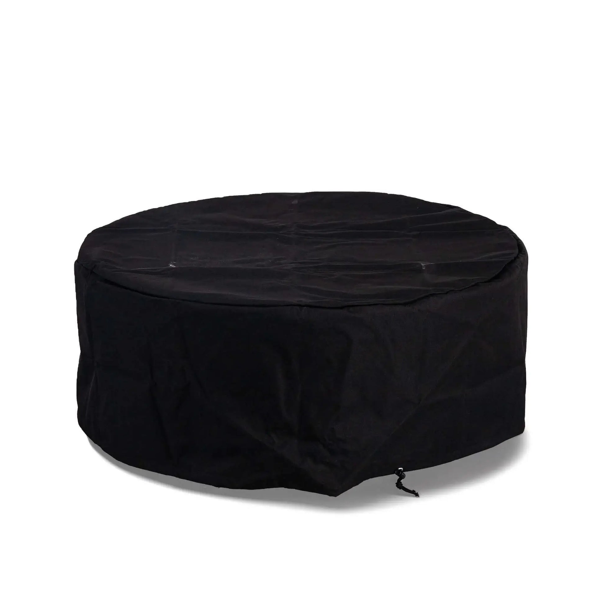 The Flame Havens Refuge Series 43-inch Round Natural Gas GFRC Concrete Fire Pit protected by its custom-fit black canvas fabric cover. Displayed on a white background, the weather-resistant cover fully encloses the fire pit with an integrated drawstring for a secure fit, helping protect the concrete finish and burner from outdoor elements when not in use.