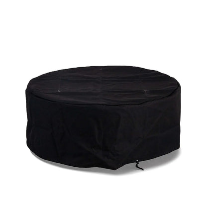 The Flame Havens Refuge Series 43-inch Round Natural Gas GFRC Concrete Fire Pit protected by its custom-fit black canvas fabric cover. Displayed on a white background, the weather-resistant cover fully encloses the fire pit with an integrated drawstring for a secure fit, helping protect the concrete finish and burner from outdoor elements when not in use.