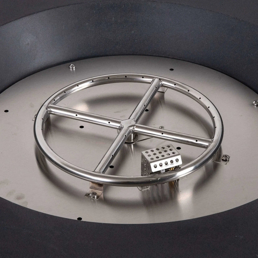 Close-up of the Flame Havens Refuge Series 43-inch Round Natural Gas Black GFRC Concrete Fire Pit with the stainless steel burner cover removed, revealing the precision stainless steel burner ring, CSA-certified ignition assembly, and burner pan engineered for consistent flame performance and long-lasting outdoor durability.