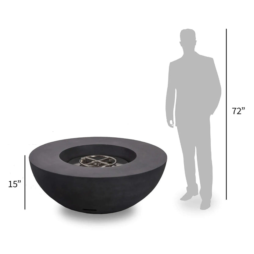 Size comparison of the Flame Havens Refuge Series 43-inch Round Natural Gas Black GFRC Concrete Fire Pit beside a 72-inch human silhouette. The image highlights the fire pit's generous 43-inch diameter and 15-inch height, helping homeowners visualize its scale for luxury patios, outdoor seating areas, and landscape designs.