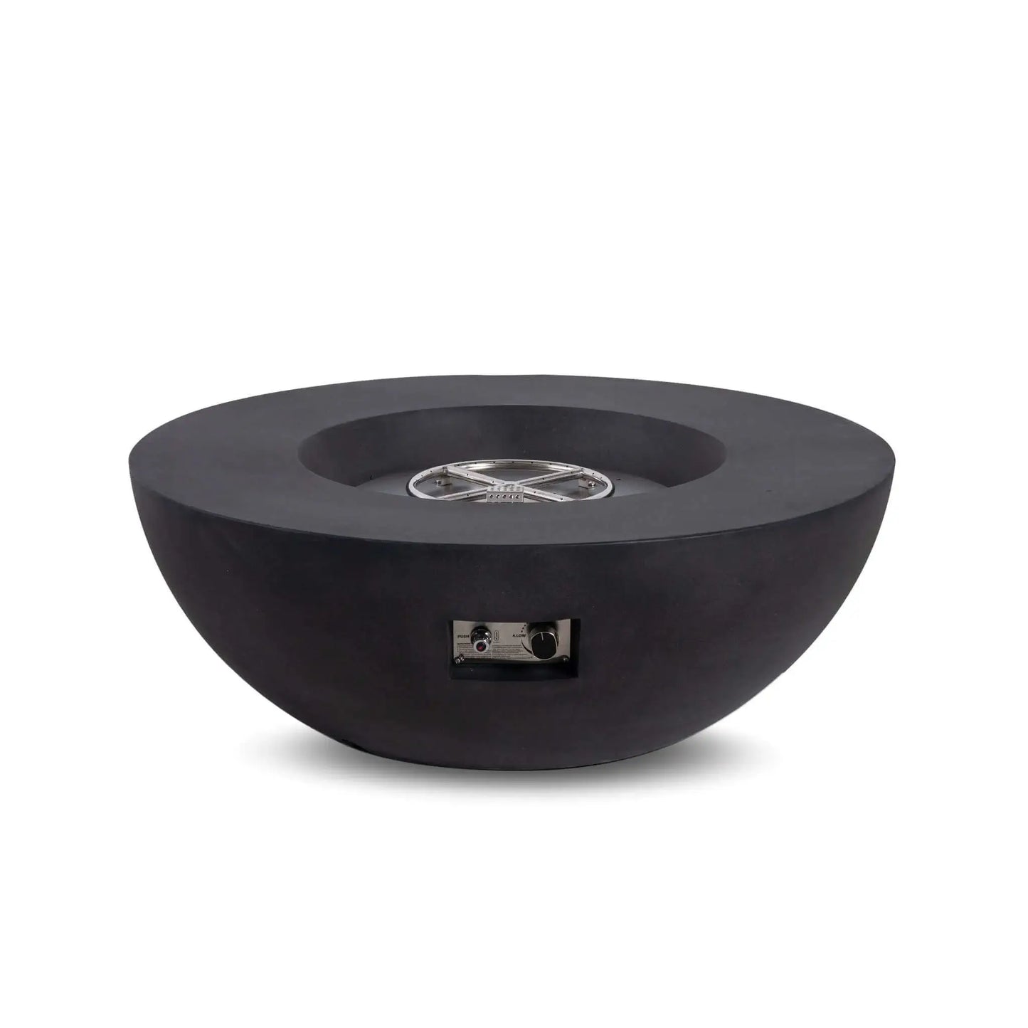 Front view of the Flame Havens Refuge Series 43-inch Round Natural Gas Black GFRC Concrete Fire Pit with the stainless steel burner and CSA-certified ignition system exposed. The premium black concrete bowl showcases the recessed burner pan and precision burner ring before fire glass installation, highlighting the fire pit's durable construction and clean contemporary design.