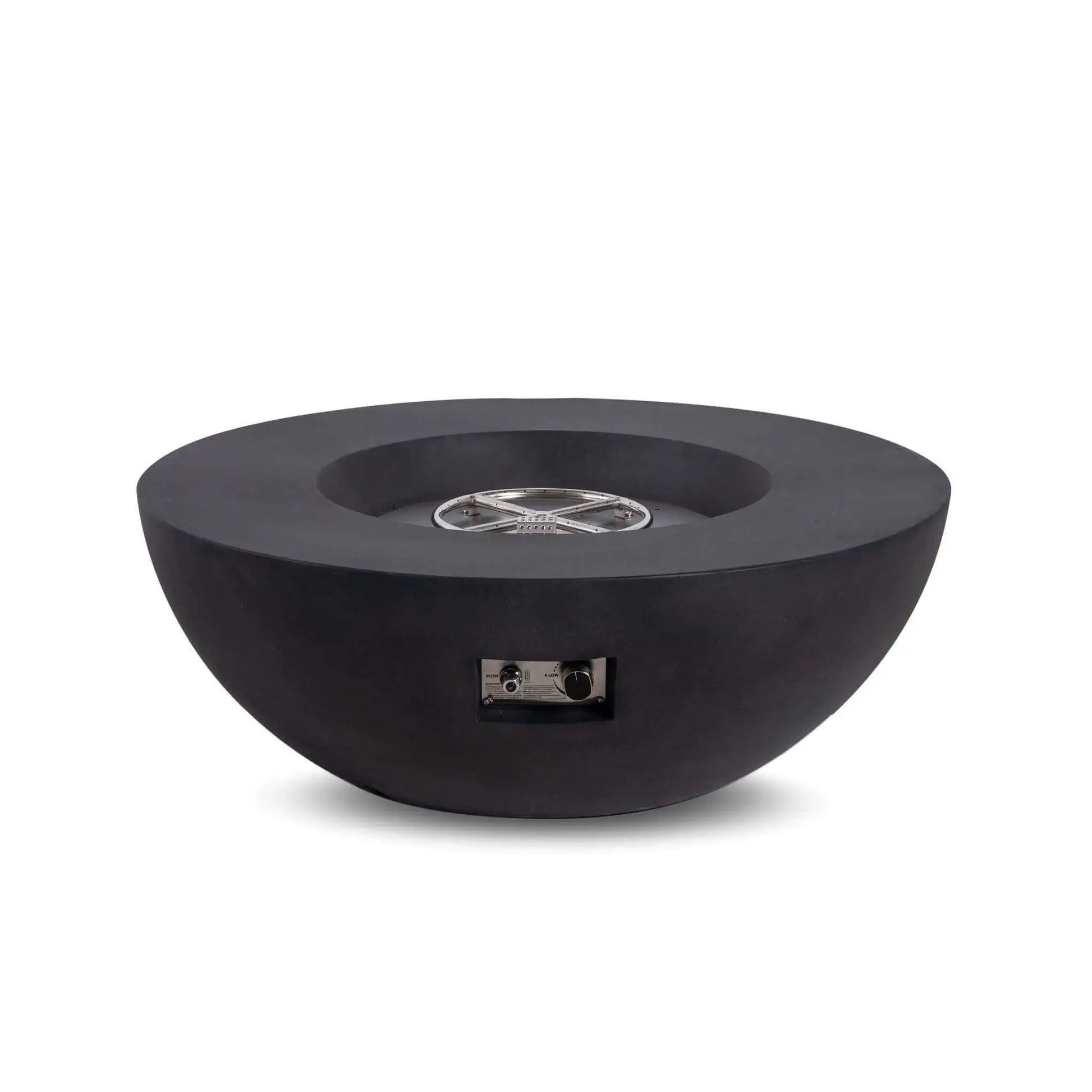 Front view of the Flame Havens Refuge Series 43-inch Round Natural Gas Black GFRC Concrete Fire Pit with the stainless steel burner and CSA-certified ignition system exposed. The premium black concrete bowl showcases the recessed burner pan and precision burner ring before fire glass installation, highlighting the fire pit's durable construction and clean contemporary design.