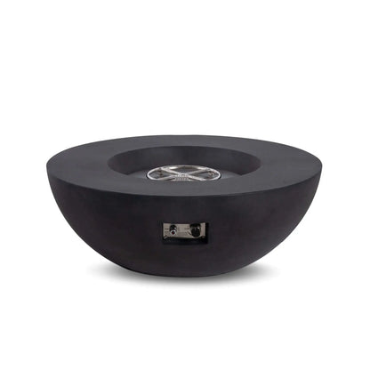 Front view of the Flame Havens Refuge Series 43-inch Round Natural Gas Black GFRC Concrete Fire Pit with the stainless steel burner and CSA-certified ignition system exposed. The premium black concrete bowl showcases the recessed burner pan and precision burner ring before fire glass installation, highlighting the fire pit's durable construction and clean contemporary design.