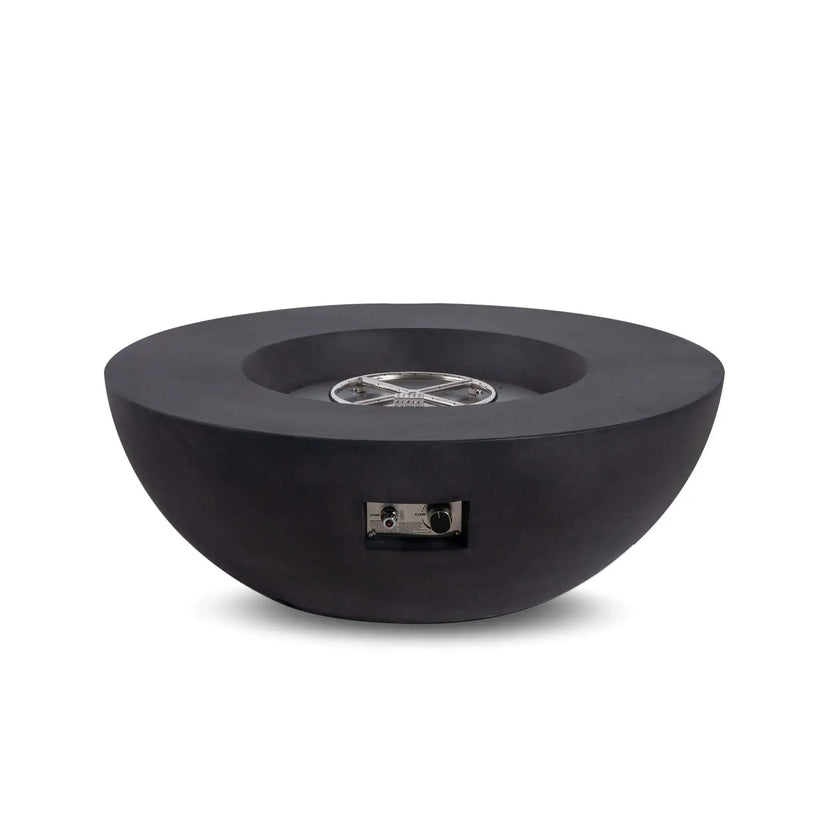 Front view of the Flame Havens Refuge Series 43-inch Round Natural Gas Black GFRC Concrete Fire Pit with the stainless steel burner and CSA-certified ignition system exposed. The premium black concrete bowl showcases the recessed burner pan and precision burner ring before fire glass installation, highlighting the fire pit's durable construction and clean contemporary design.