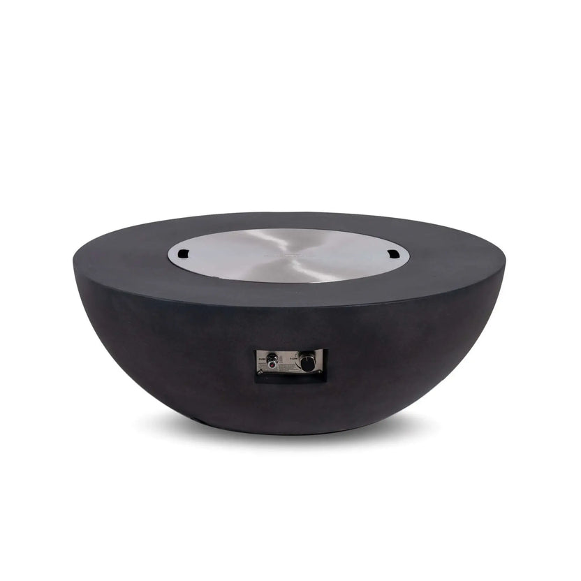 Front view of the Flame Havens Refuge Series 43-inch Round Natural Gas Black GFRC Concrete Fire Pit with the stainless steel burner cover installed. The recessed control panel remains easily accessible, allowing convenient ignition and flame adjustment while maintaining the fire pit's minimalist contemporary design.