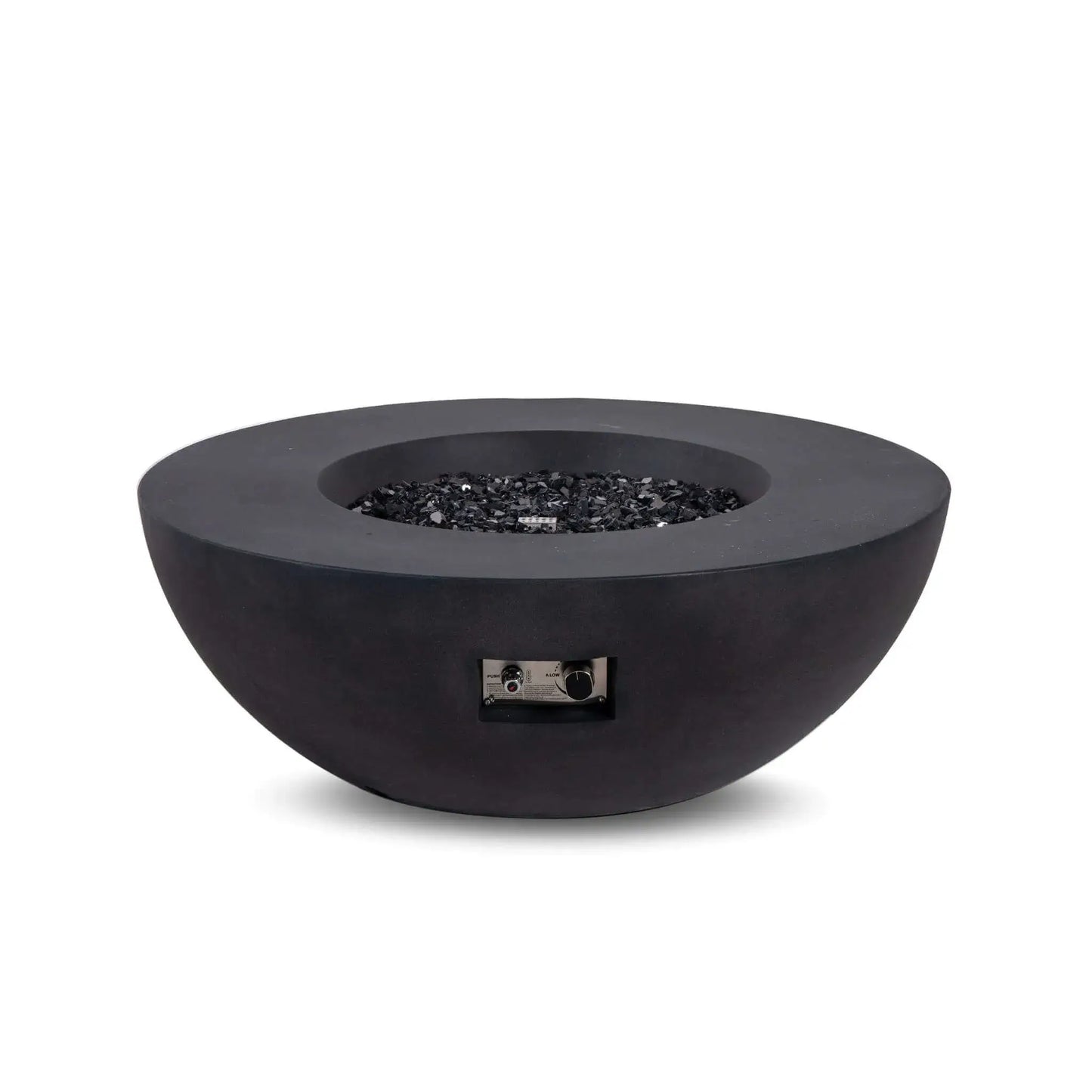 Front view of the Flame Havens Refuge Series 43-inch Round Natural Gas Black GFRC Concrete Fire Pit filled with reflective tempered black fire glass while the burner is off. The recessed control panel remains visible for easy access, showcasing the fire pit's modern appearance and premium materials before ignition.