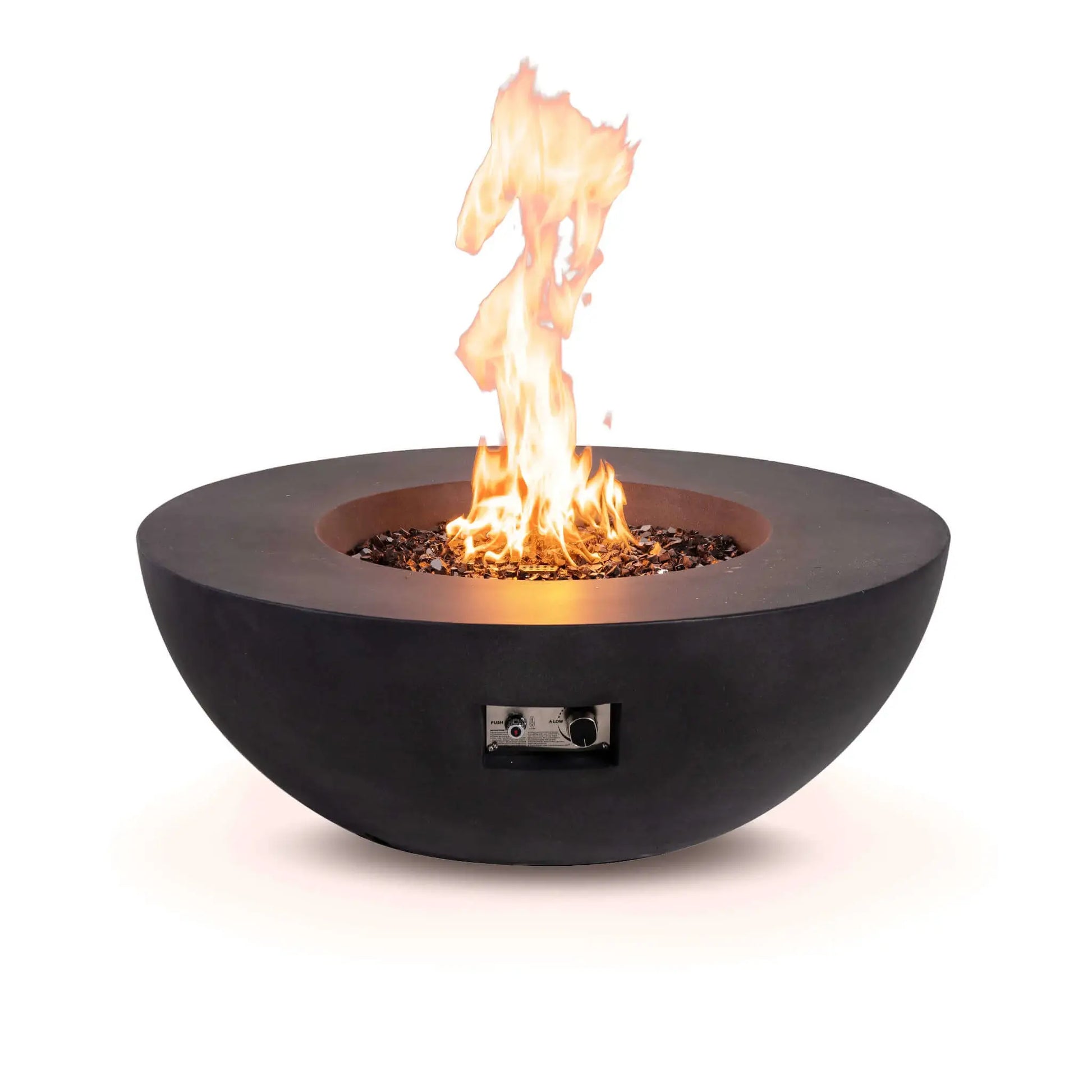 Front view of the Flame Havens Refuge Series 43-inch Round Natural Gas Black GFRC Concrete Fire Pit burning over reflective tempered black fire glass. The recessed control panel is visible beneath the bowl, combining convenient operation with a clean, modern design suited for premium outdoor gathering spaces.