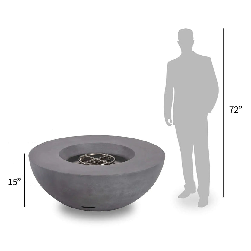 Perspective size comparison of the Flame Havens Refuge Series 43-inch Round Natural Gas Gray GFRC Concrete Fire Pit with exposed stainless steel burner assembly beside a 72-inch human silhouette. The graphic highlights the fire pit's generous 43-inch diameter and approximately 15-inch height for easy visualization in outdoor living spaces.