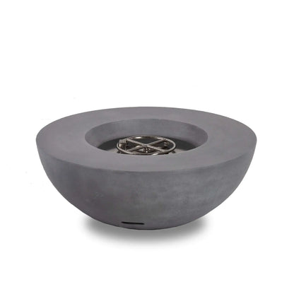 Front view of the Flame Havens Refuge Series 43-inch Round Natural Gas Gray GFRC Concrete Fire Pit with the burner exposed. The stainless steel CSA-certified burner assembly is recessed into the fire bowl, highlighting the premium ignition system before reflective tempered black fire glass is installed.