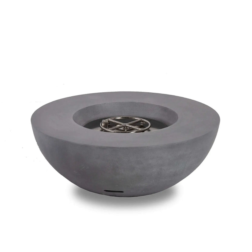 Front view of the Flame Havens Refuge Series 43-inch Round Natural Gas Gray GFRC Concrete Fire Pit with the burner exposed. The stainless steel CSA-certified burner assembly is recessed into the fire bowl, highlighting the premium ignition system before reflective tempered black fire glass is installed.