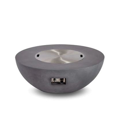 Front product image of the Flame Havens Refuge Series 43-inch Round Natural Gas Gray GFRC Concrete Fire Pit with the stainless steel burner cover installed. The recessed control panel is visible on the front, showcasing the integrated ignition system while the cover creates a clean, modern tabletop surface.