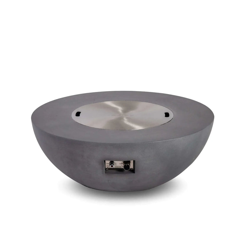 Front product image of the Flame Havens Refuge Series 43-inch Round Natural Gas Gray GFRC Concrete Fire Pit with the stainless steel burner cover installed. The recessed control panel is visible on the front, showcasing the integrated ignition system while the cover creates a clean, modern tabletop surface.
