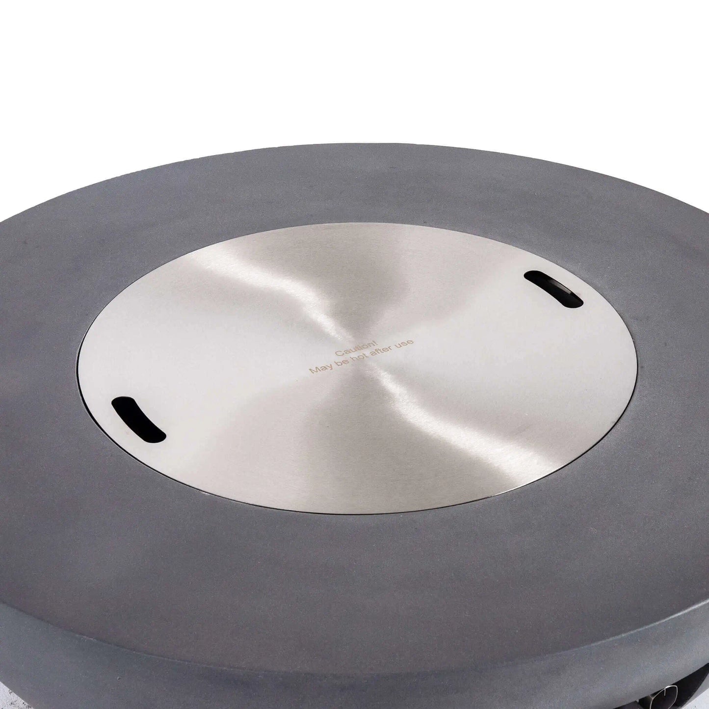Top view of the Flame Havens Refuge Series 43-inch Round Natural Gas Gray GFRC Concrete Fire Pit with the precision-fit stainless steel burner cover installed. The brushed stainless cover sits flush within the recessed burner opening, transforming the fire pit into a functional tabletop while protecting the burner when not in use.