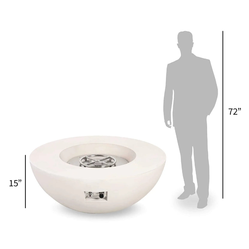 Perspective size comparison of the Flame Havens Refuge Series 43-inch Round Natural Gas White GFRC Concrete Fire Pit with the stainless steel burner exposed beside a 72-inch human silhouette. The graphic highlights the fire pit's 15-inch height and overall scale for planning outdoor patio layouts and seating arrangements.