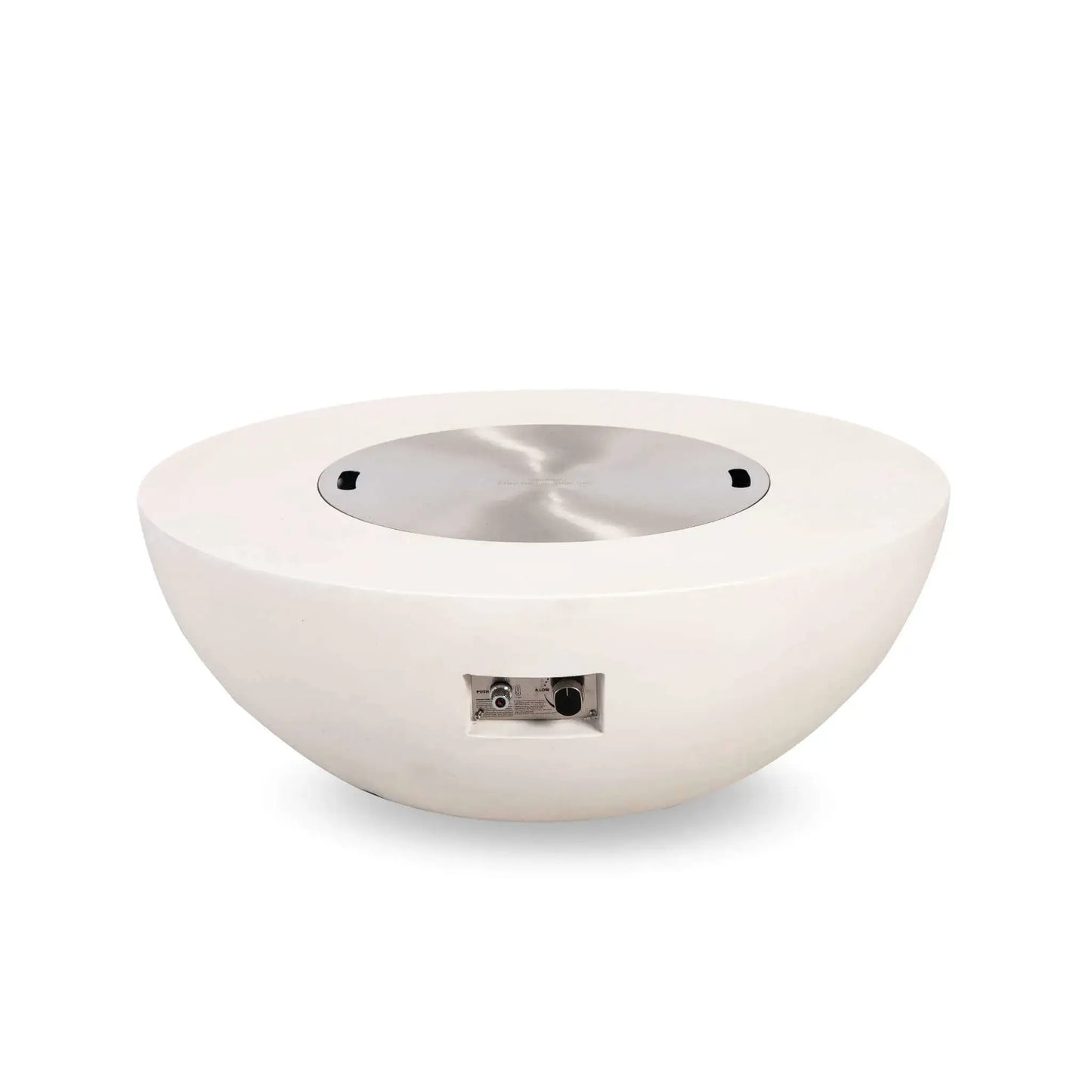 Front view of the Flame Havens Refuge Series 43-inch Round Natural Gas White GFRC Concrete Fire Pit with the stainless steel burner cover installed and the recessed control panel visible. The electronic ignition button and flame adjustment knob remain accessible while the burner is safely covered.