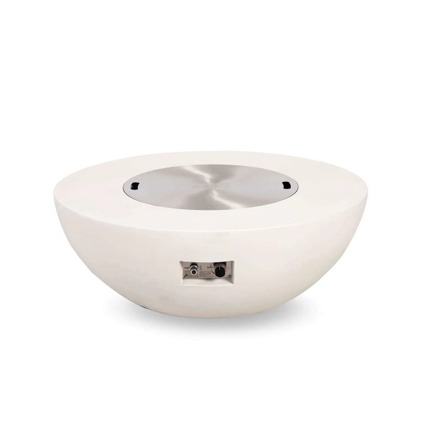 Front view of the Flame Havens Refuge Series 43-inch Round Natural Gas White GFRC Concrete Fire Pit with the stainless steel burner cover installed and the recessed control panel visible. The electronic ignition button and flame adjustment knob remain accessible while the burner is safely covered.