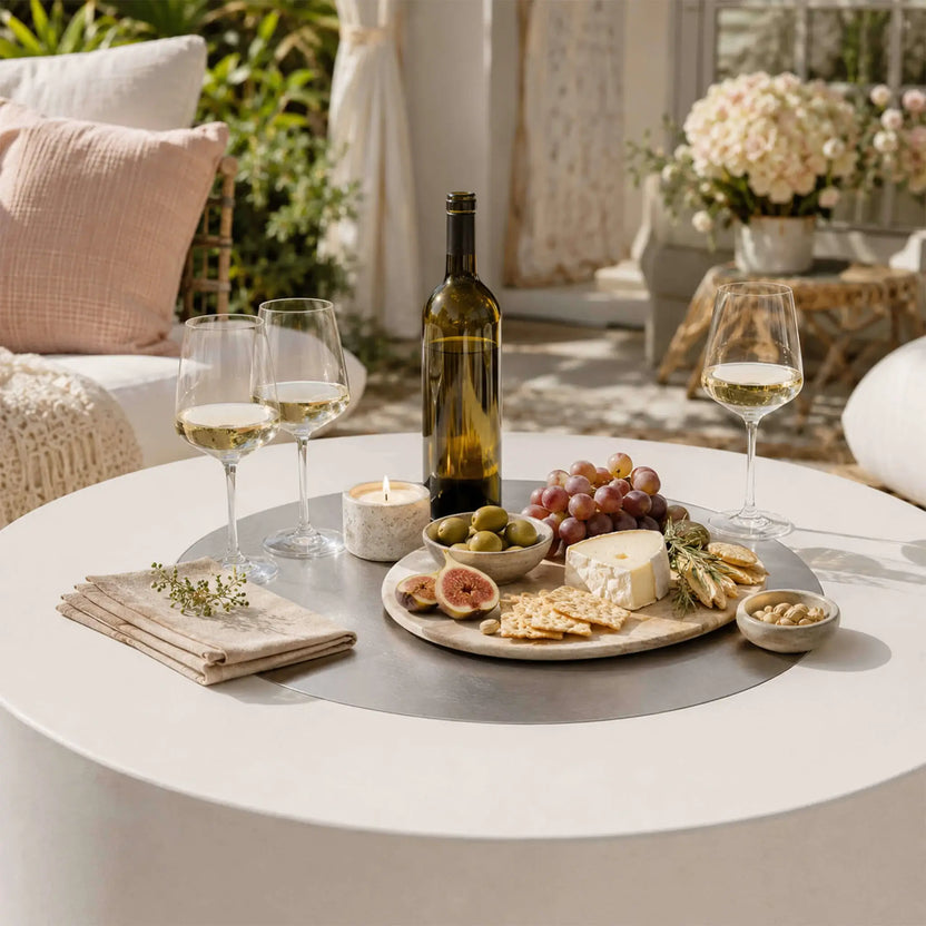Lifestyle image of the Flame Havens Refuge Series 43-inch Round Natural Gas White GFRC Concrete Fire Pit with the stainless steel burner cover installed and used as an outdoor tabletop. A wine bottle, glasses, cheese board, fruit, olives, crackers, and candles demonstrate how the covered fire pit doubles as an elegant entertaining surface.