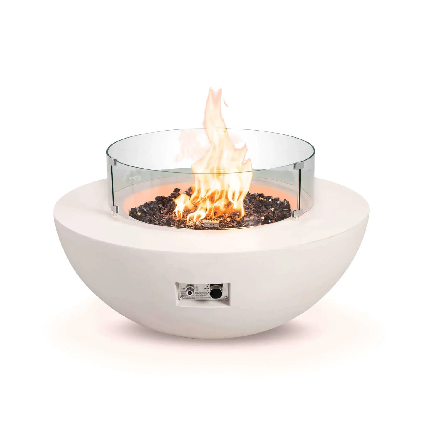 Front studio image of the Flame Havens Refuge Series 43-inch Round Natural Gas White GFRC Concrete Fire Pit equipped with a tempered glass wind guard. Reflective tempered black fire glass surrounds the natural gas flames while the clear circular wind guard helps protect and stabilize the flame without obstructing the view.