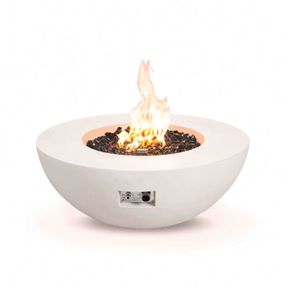 Studio front view of the Flame Havens Refuge Series 43-inch Round Natural Gas White GFRC Concrete Fire Pit burning over reflective tempered black fire glass. The recessed electronic ignition and flame control panel are visible beneath the bowl, showcasing convenient access while maintaining the fire pit's clean contemporary appearance.