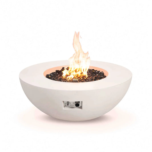 Studio front view of the Flame Havens Refuge Series 43-inch Round Natural Gas White GFRC Concrete Fire Pit burning over reflective tempered black fire glass. The recessed electronic ignition and flame control panel are visible beneath the bowl, showcasing convenient access while maintaining the fire pit's clean contemporary appearance.