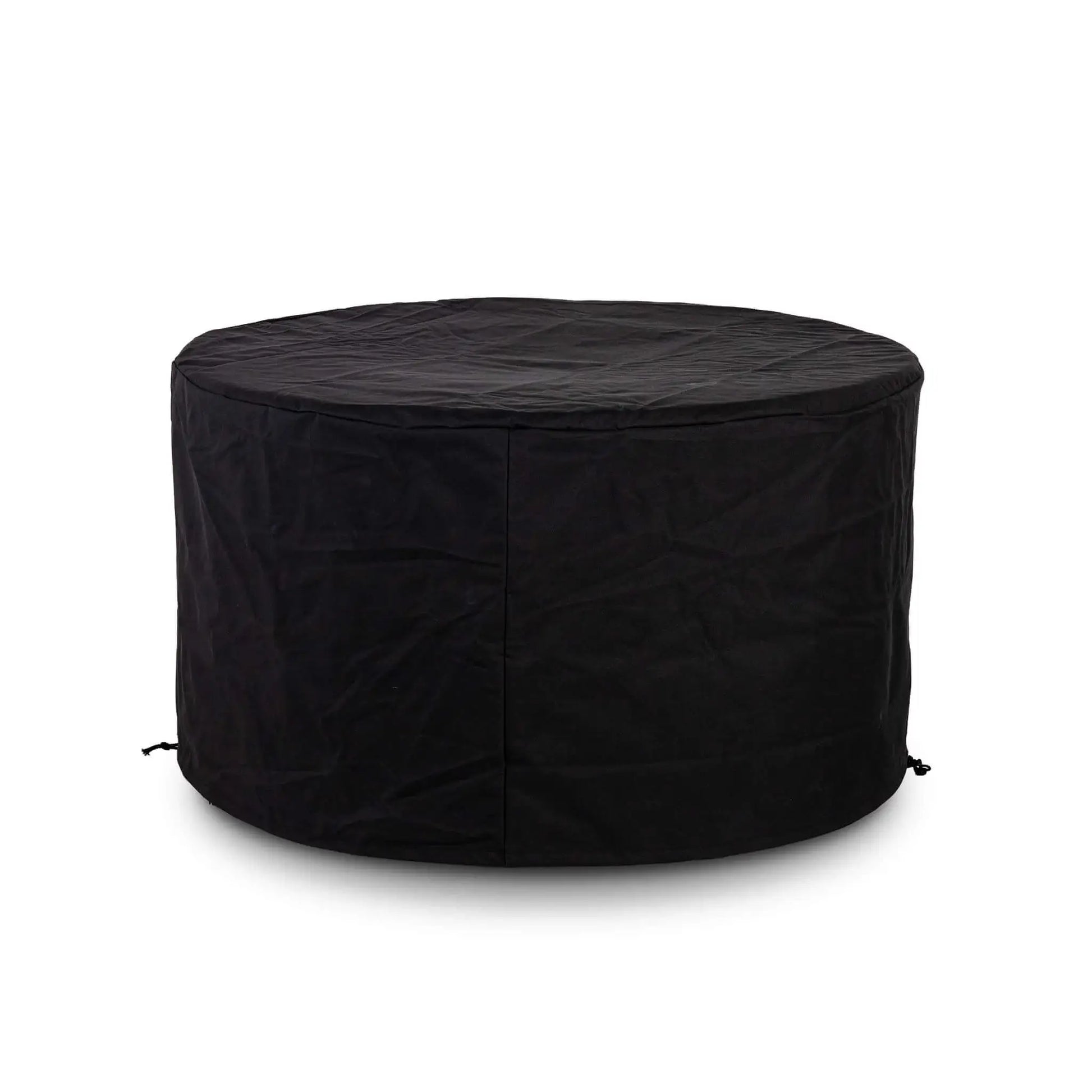 Black weather-resistant canvas fabric cover designed for the Flame Havens Refuge Series 43-inch Round Propane Gas GFRC Concrete Fire Pit. Displayed on a white background, the fitted protective cover shields the fire pit from outdoor elements while preserving its premium finish, featuring a secure drawstring closure and tailored round design.