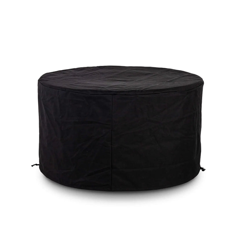 Black weather-resistant canvas fabric cover designed for the Flame Havens Refuge Series 43-inch Round Propane Gas GFRC Concrete Fire Pit. Displayed on a white background, the fitted protective cover shields the fire pit from outdoor elements while preserving its premium finish, featuring a secure drawstring closure and tailored round design.