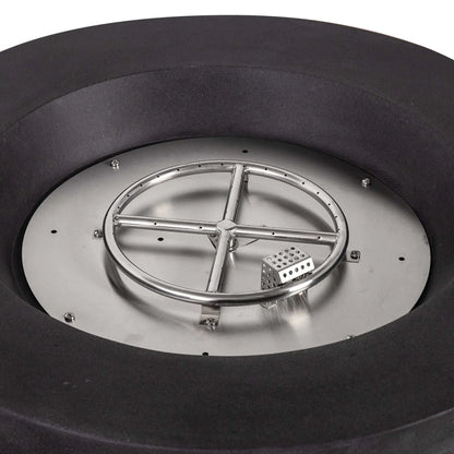 Close-up view of the Flame Havens Refuge Series 43-inch Round Propane Gas GFRC Concrete Fire Pit with the fire media removed, revealing the stainless steel burner ring, burner pan, and CSA-certified ignition system. This image highlights the precision-engineered internal components and durable stainless steel construction beneath the fire glass.