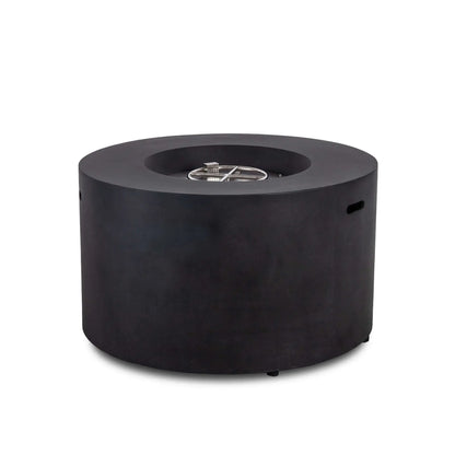 Rear perspective of the Flame Havens Refuge Series 43-inch Round Propane Gas GFRC Concrete Fire Pit in Black featuring the exposed stainless steel burner assembly without the control panel visible. This angle highlights the smooth cylindrical GFRC concrete body, recessed burner opening, and clean architectural design suited for modern outdoor living spaces.