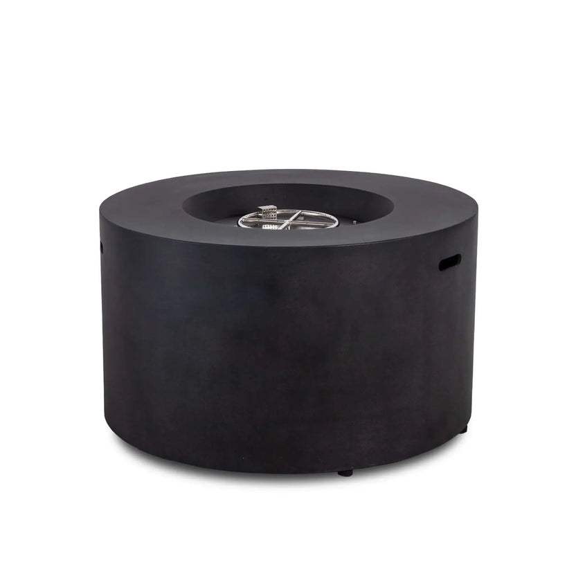 Rear perspective of the Flame Havens Refuge Series 43-inch Round Propane Gas GFRC Concrete Fire Pit in Black featuring the exposed stainless steel burner assembly without the control panel visible. This angle highlights the smooth cylindrical GFRC concrete body, recessed burner opening, and clean architectural design suited for modern outdoor living spaces.