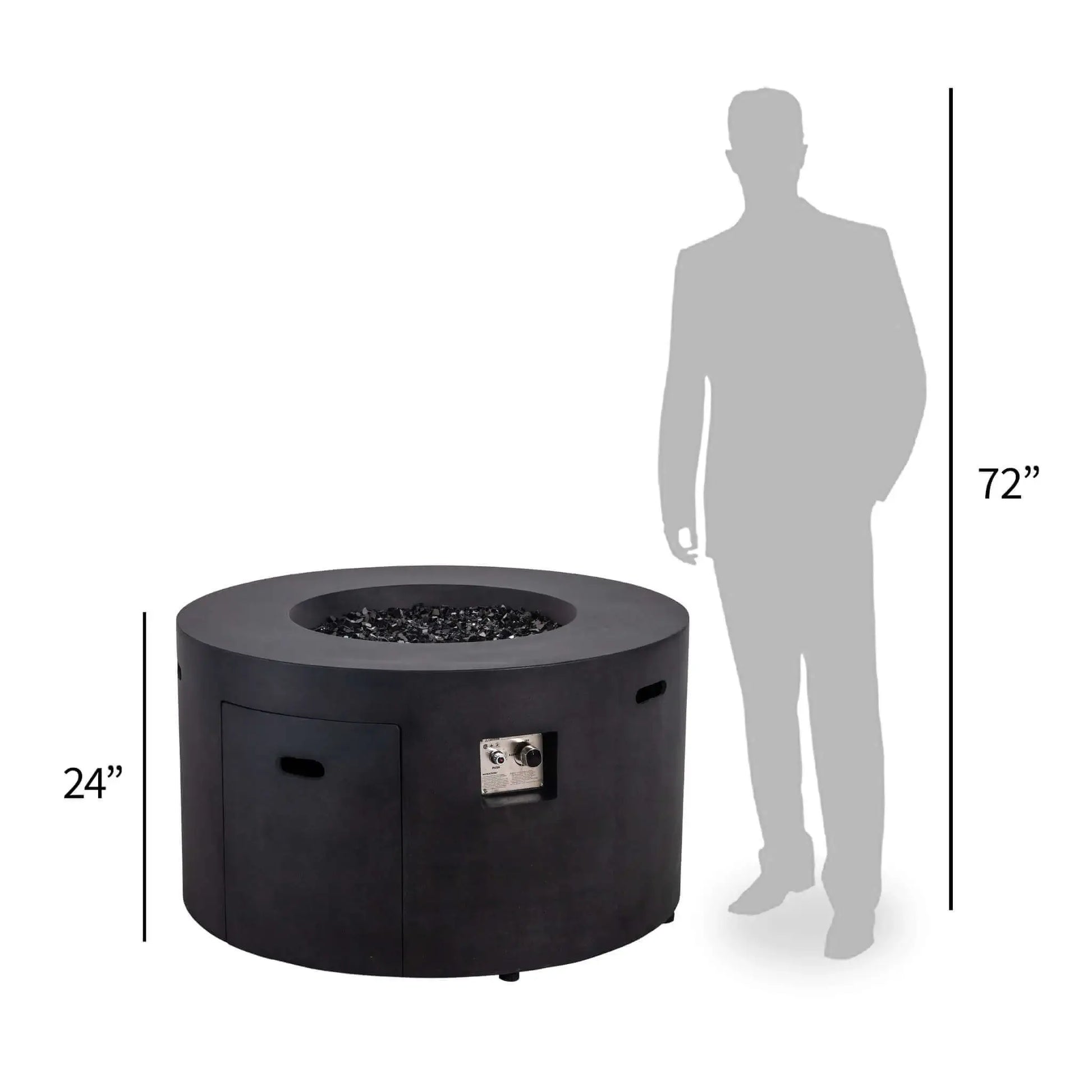 Size comparison of the Flame Havens Refuge Series 43-inch Round Propane Gas GFRC Concrete Fire Pit in Black beside a 72-inch human silhouette. The graphic illustrates the fire pit's generous 43-inch diameter and 24-inch height while showcasing the stainless steel burner, hidden propane drawer, and recessed control panel for accurate scale reference.