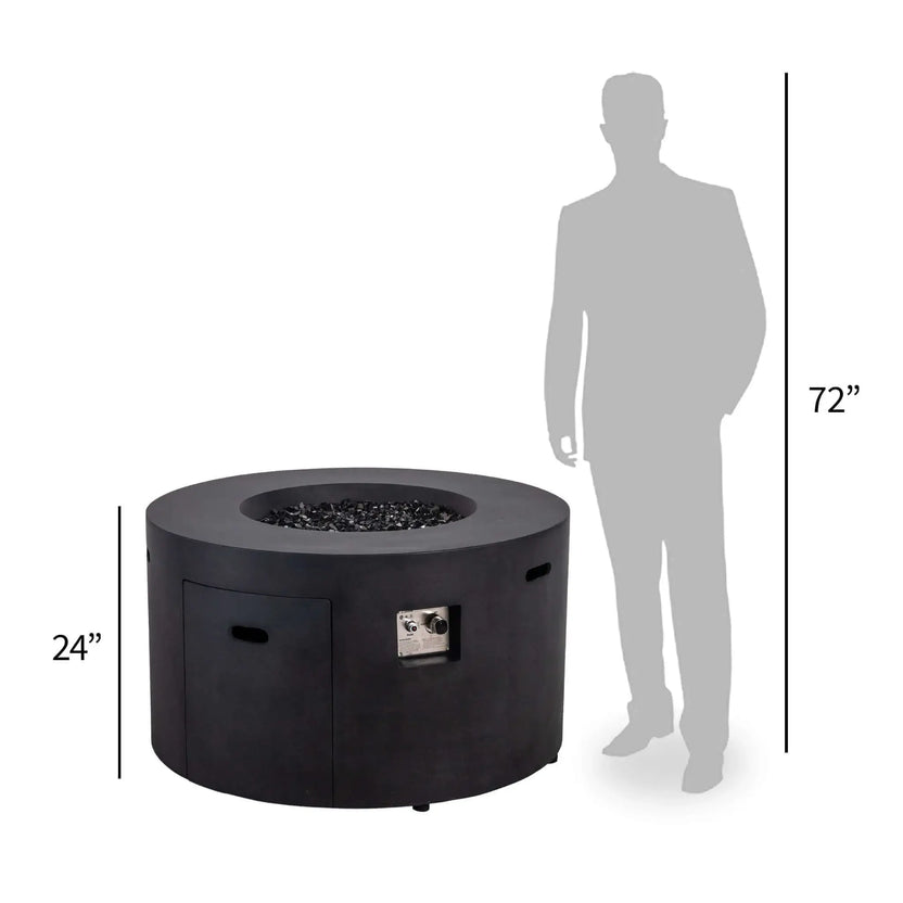 Size comparison of the Flame Havens Refuge Series 43-inch Round Propane Gas GFRC Concrete Fire Pit in Black beside a 72-inch human silhouette. The graphic illustrates the fire pit's generous 43-inch diameter and 24-inch height while showcasing the stainless steel burner, hidden propane drawer, and recessed control panel for accurate scale reference.