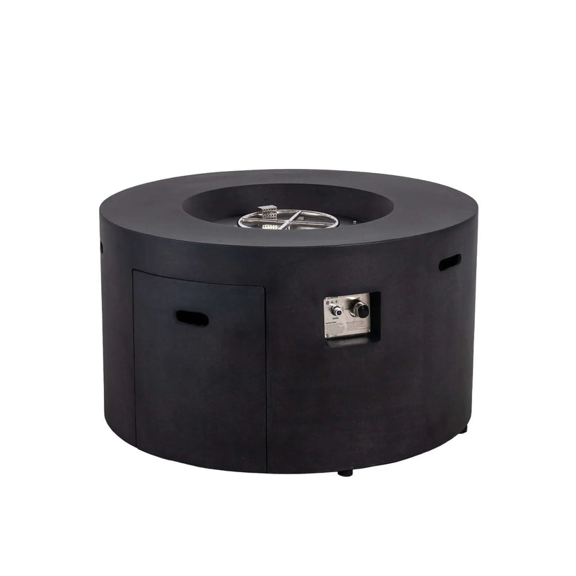The Flame Havens Refuge Series 43-inch Round Propane Gas GFRC Concrete Fire Pit in Black displayed on a white background with the stainless steel burner, CSA-certified ignition system, hidden propane drawer, and recessed control panel visible. This product image highlights the premium GFRC concrete construction and engineered burner assembly before fire media installation.
