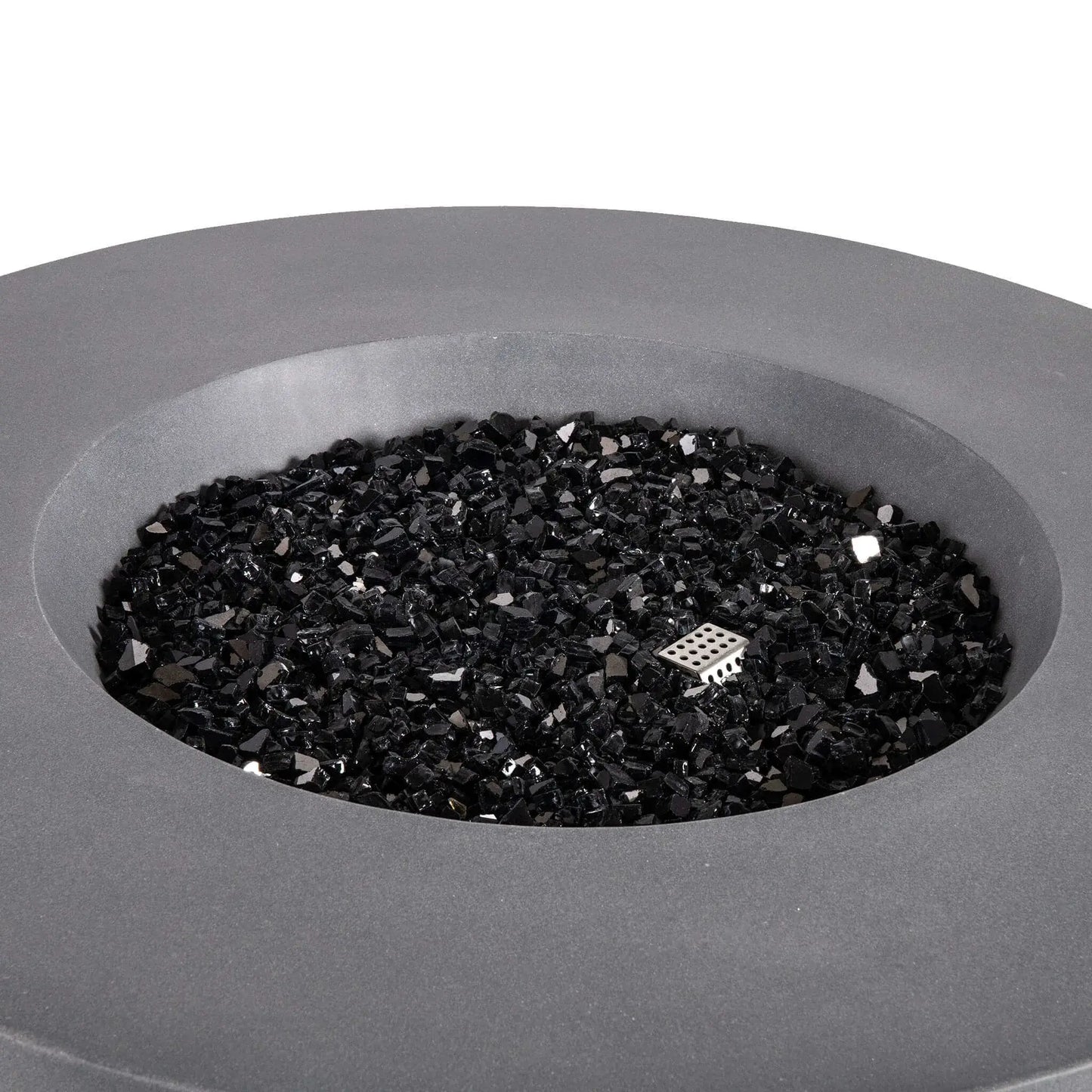 Close-up of the Flame Havens Refuge Series 43-inch Round Propane Gas GFRC Concrete Fire Pit in Gray, showcasing premium black reflective fire glass evenly covering the stainless steel burner system. The image highlights the smooth GFRC concrete finish, recessed burner area, and elegant fire media that enhances the fire pit's modern outdoor design.