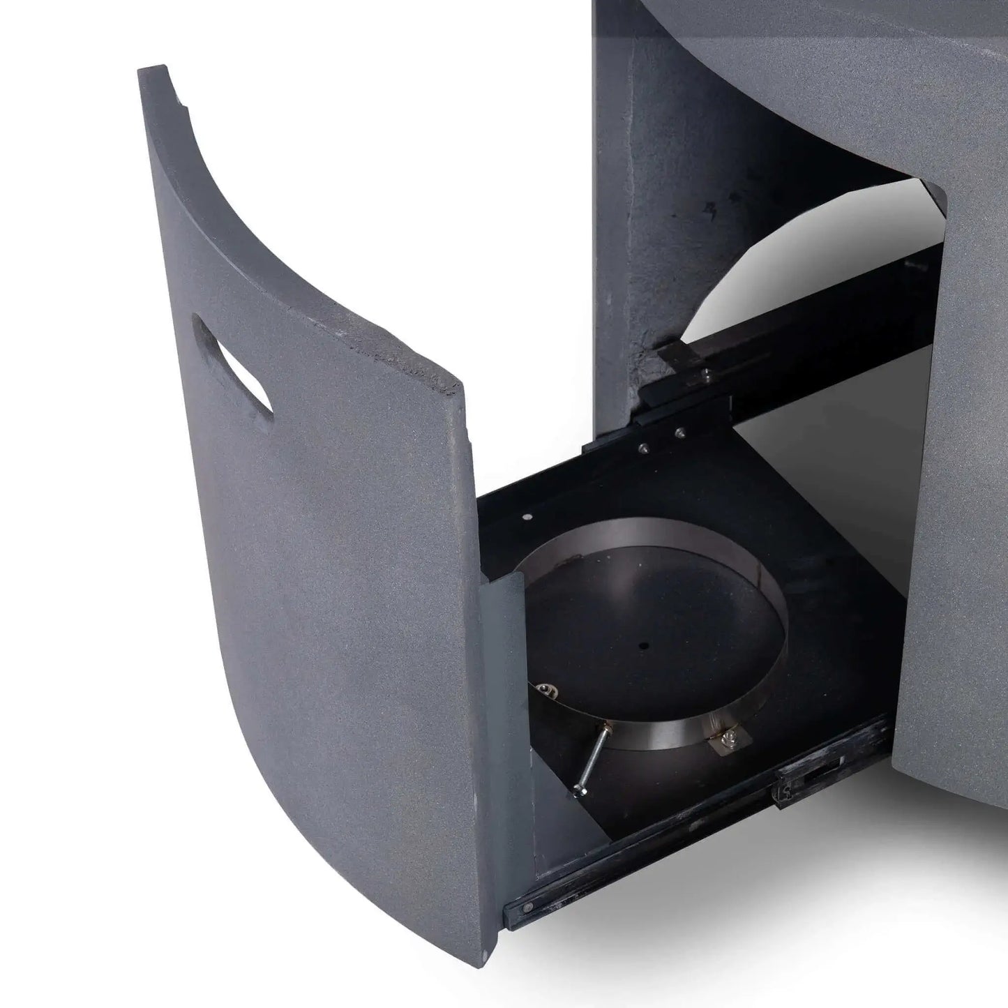 The Flame Havens Refuge Series 43-inch Round Propane Gas GFRC Concrete Fire Pit in Gray with the hidden propane drawer fully extended. The slide-out compartment provides convenient access for installing or servicing a standard propane tank while maintaining the fire pit's clean, seamless exterior appearance.